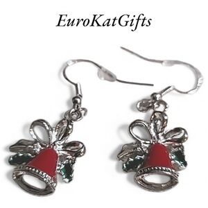 Christmas Bell Holiday Earrings  Red Green Enamel on Silver Ear Wires. NEW NWT